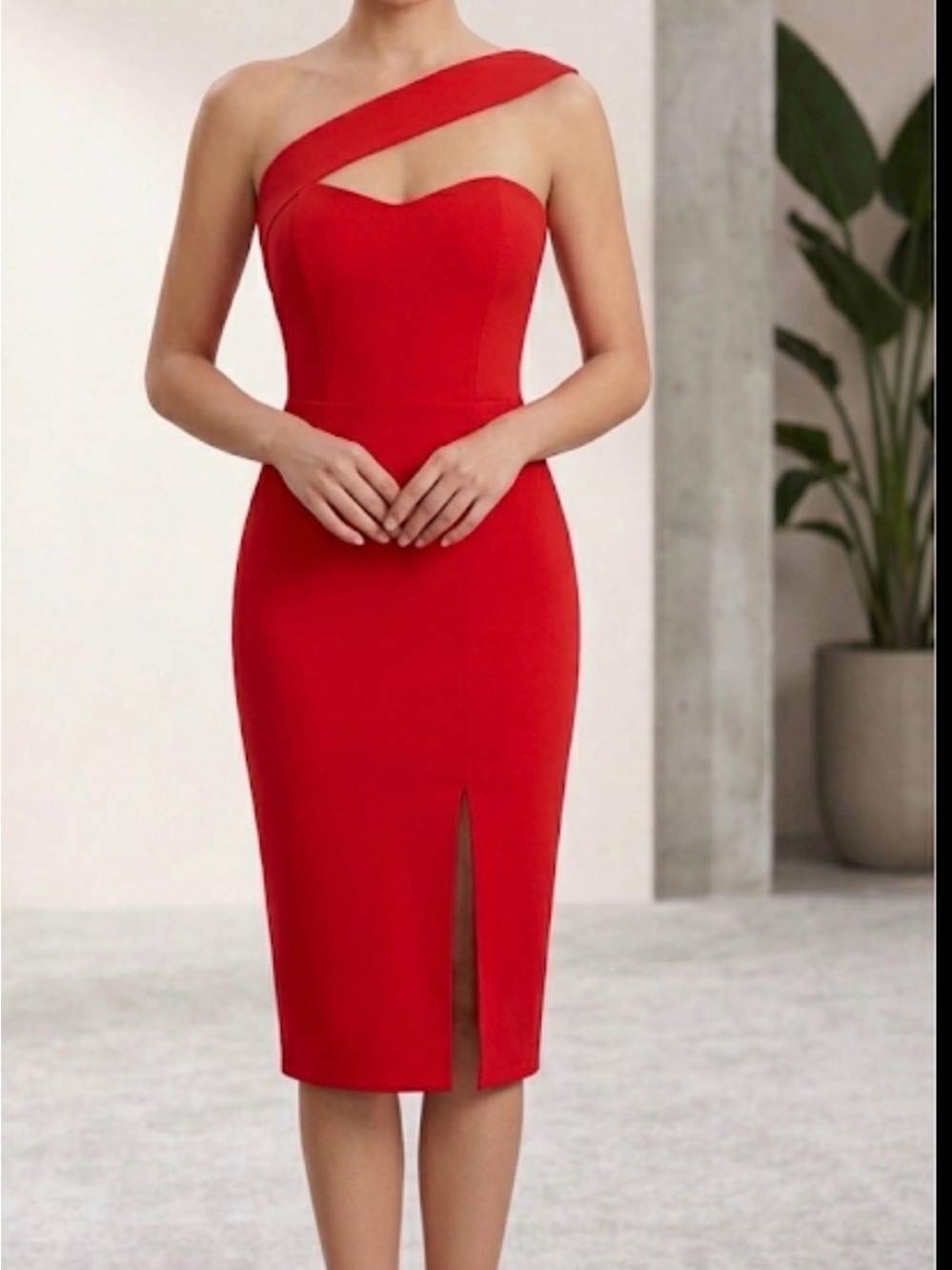 Red Bodycon/Sheath dress asymmetric Cutout sweetheart bust line front slit, sz M